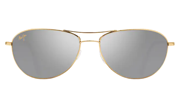 Maui Jim Gold-framed polarized sunglasses with reflective lenses on a white background