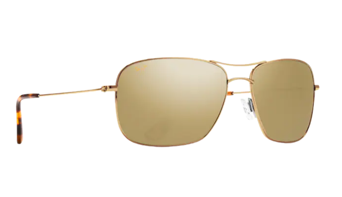 Gold Maui Jim aviator sunglasses with reflective polarized lenses on a white background