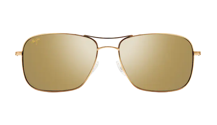 Gold Maui Jim aviator sunglasses with reflective polarized lenses on a white background