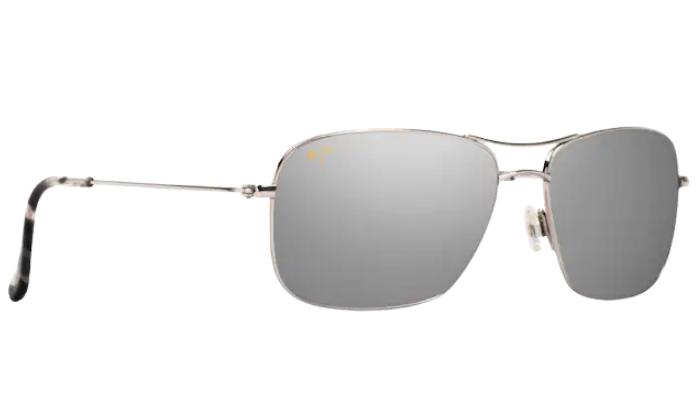 Silver Maui Jim aviator sunglasses with reflective polarized lenses on a white background
