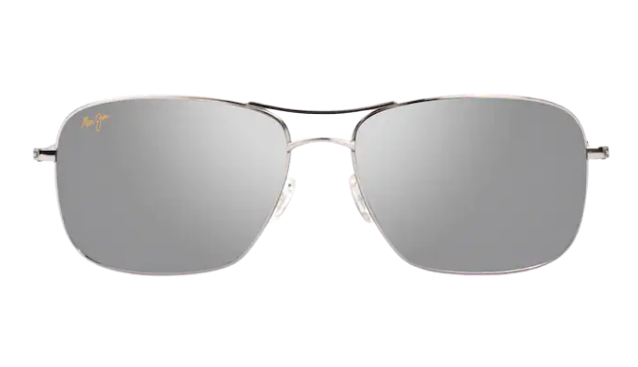 Silver Maui Jim aviator sunglasses with reflective polarized lenses on a white background