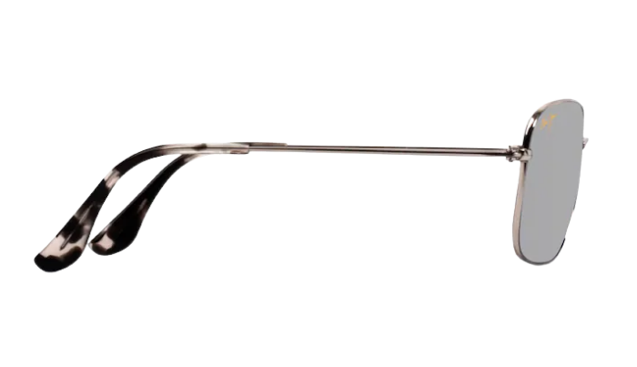 Silver Maui Jim aviator sunglasses with reflective polarized lenses on a white background