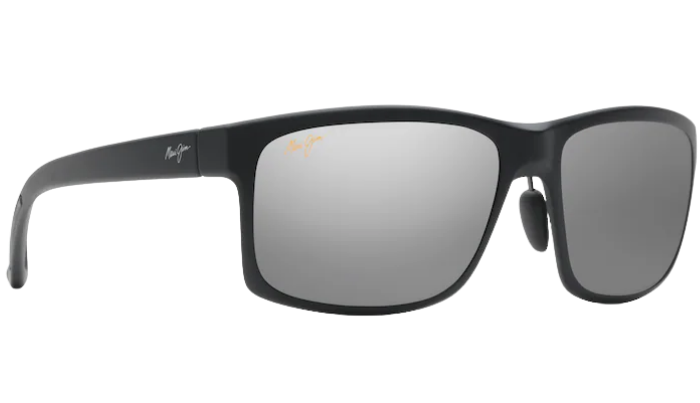Black Maui Jim sunglasses with silver polarized reflective lenses on a white background
