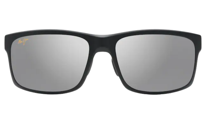 Black Maui Jim sunglasses with silver polarized reflective lenses on a white background