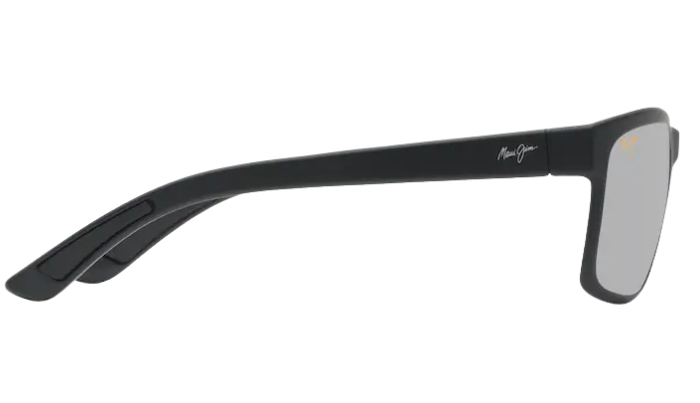 Black Maui Jim sunglasses with silver polarized reflective lenses on a white background