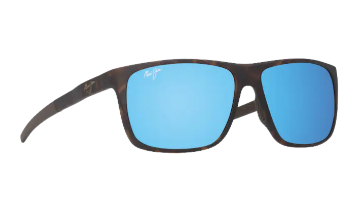 MAUI JIM Sunglasses with blue polarized  lenses and dark brown tortoise frame on a white background