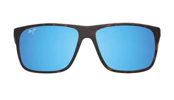MAUI JIM Sunglasses with blue polarized  lenses and dark brown tortoise frame on a white background