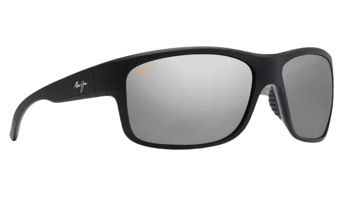 Black Maui Jim sunglasses with a reflective polarized lens on a white background