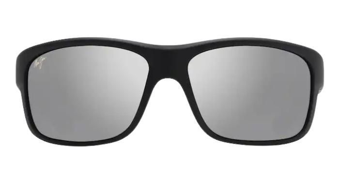 Black Maui Jim sunglasses with a reflective polarized lens on a white background