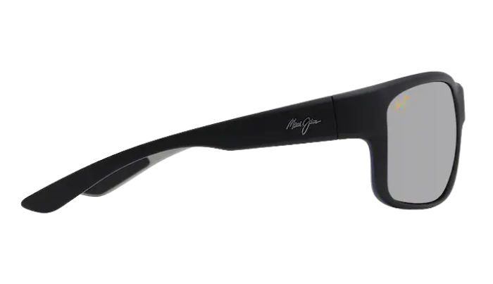 Black Maui Jim sunglasses with a reflective polarized lens on a white background