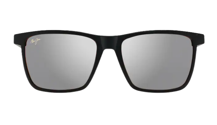 Black Maui Jim sunglasses with reflective polarized lenses on a white background