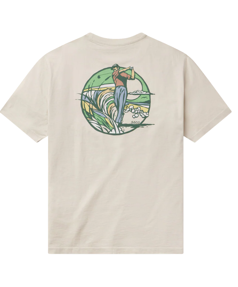 Beige t-shirt with a graphic of a person GOLFING in a circle design on the back, against a white background.