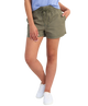 woman wearing olive green shorts on a white background