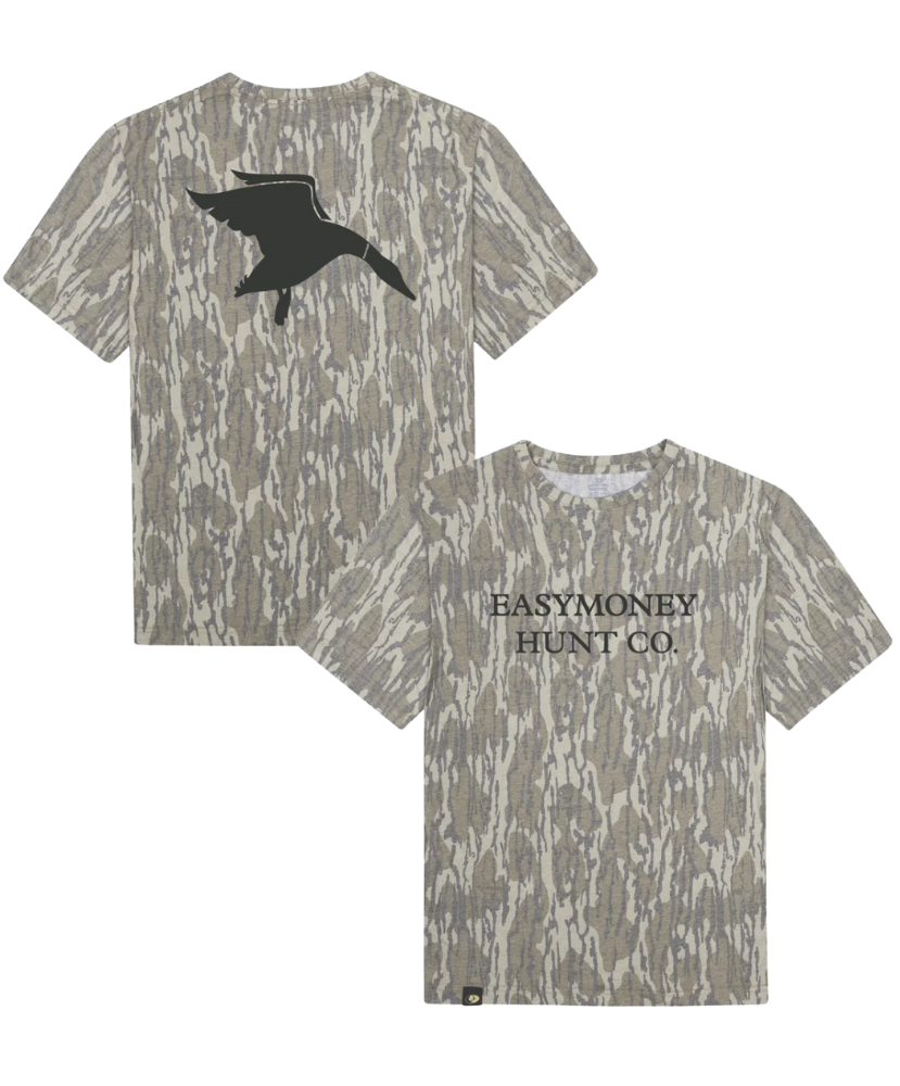 Camouflage t-shirt with duck silhouette and 'Easymoney Hunt Co.' text on a white background