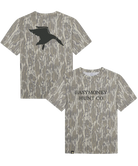 Camouflage t-shirt with duck silhouette and 'Easymoney Hunt Co.' text on a white background