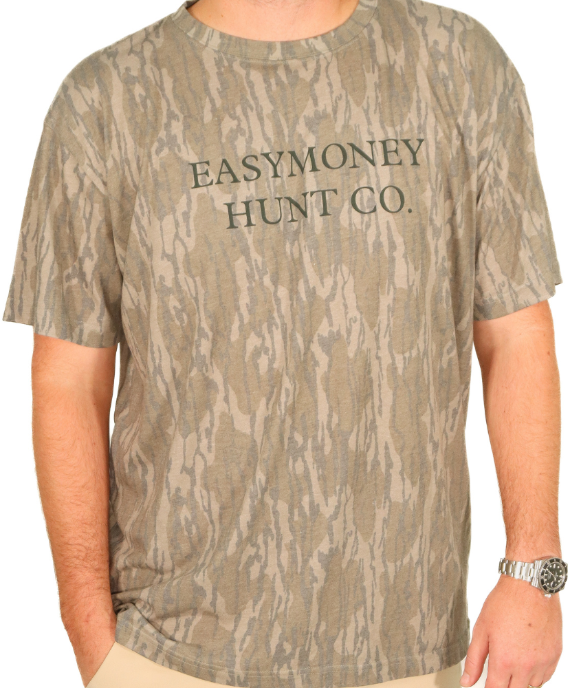 Camouflage t-shirt with 'Easymoney Hunt Co.' text on a white background