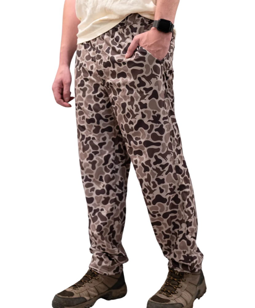 Person wearing camouflage pants on a white background