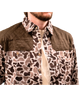 Camouflage-patterned jacket with a brown collar on a white background