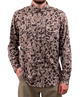 Camouflage patterned shirt worn by a person on a white background