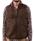 Brown vest with leopard print sleeves worn by a person on a white background