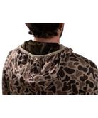Camouflage-patterned hooded garment on a white background