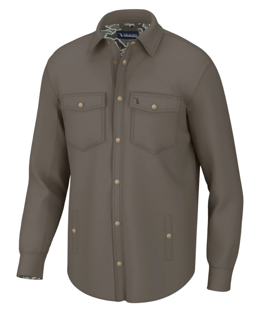 Brown shirt with button details on a white background
