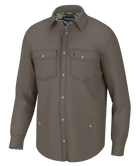 Brown shirt with button details on a white background