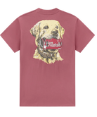 Maroon t-shirt with a yellow lab holding a can that says MARSH graphic on the back.