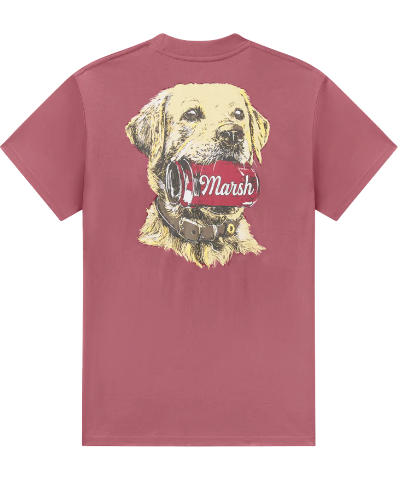Maroon t-shirt with a yellow lab holding a can that says MARSH graphic on the back.