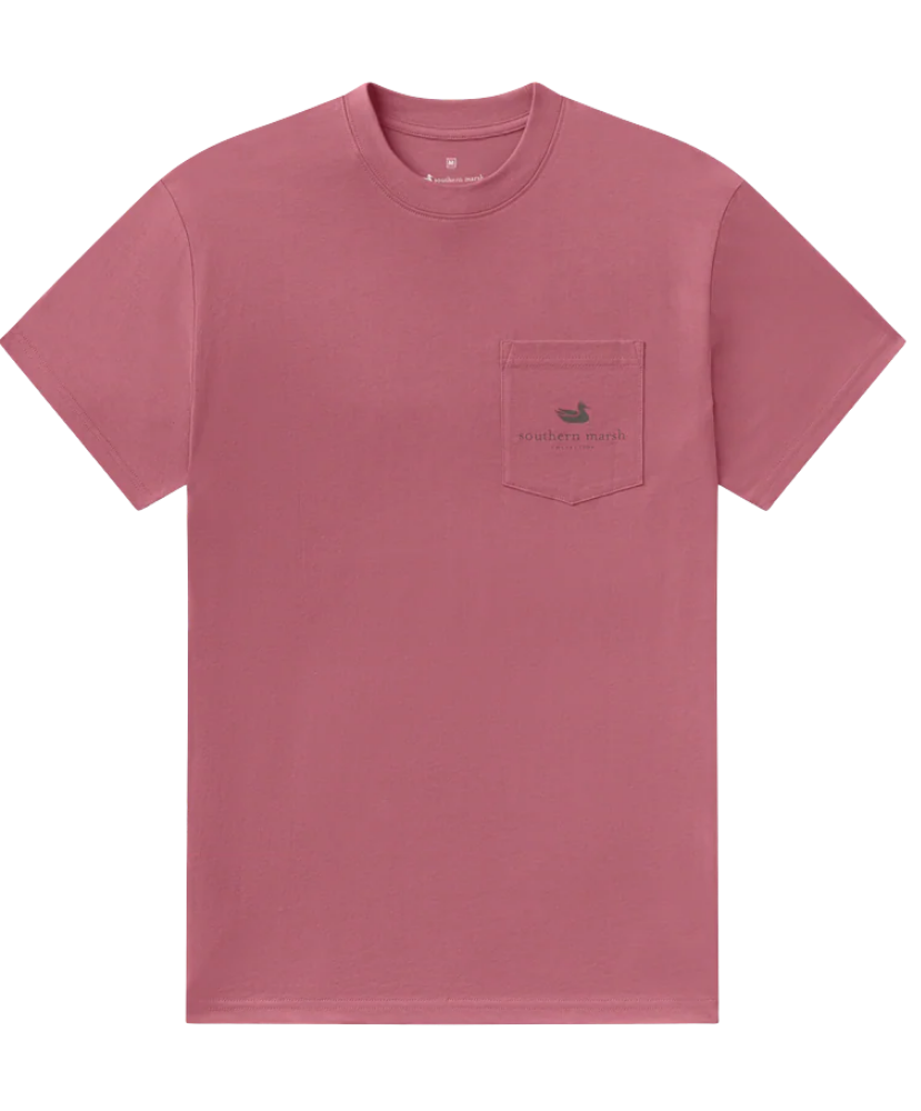 Pink t-shirt with a small Southern Marsh logo on the chest pocket against a white background