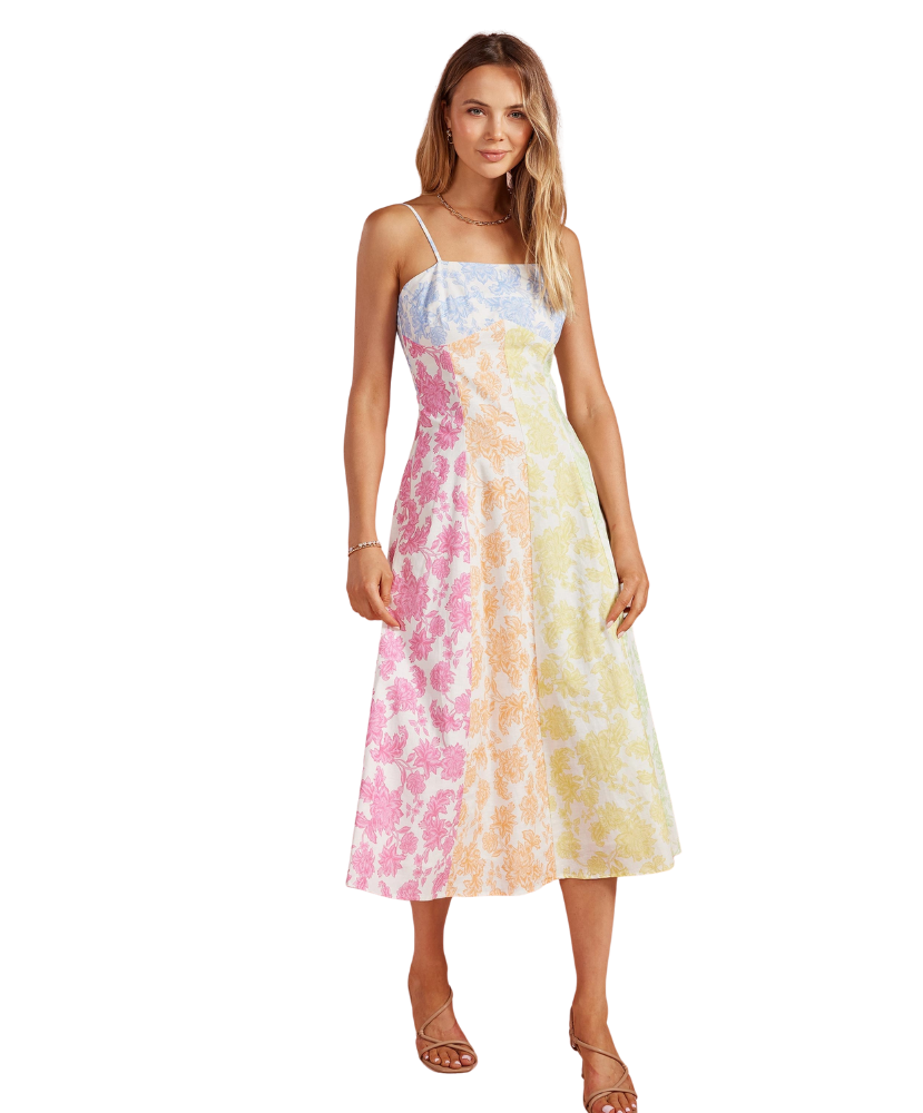 Botanical Garden Print Block Sleeveless Midi Dress