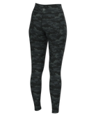 Dark green and black camouflage high-waisted leggings shown on a ghost mannequin against a plain white background.