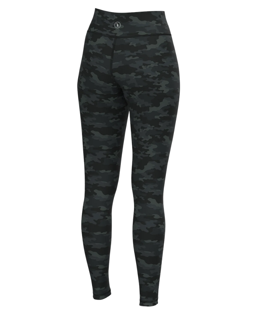 Dark green and black camouflage high-waisted leggings shown on a ghost mannequin against a plain white background.