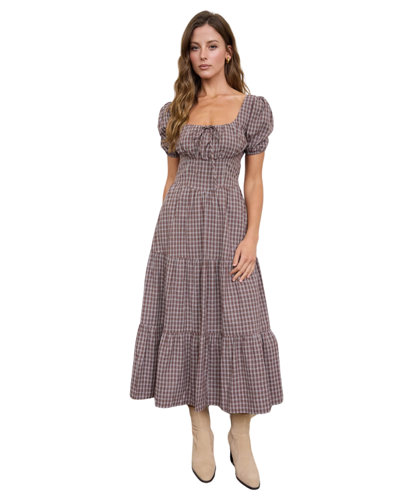 Abigail Plaid Puff Sleeve Corset Detail Tiered Midi Dress