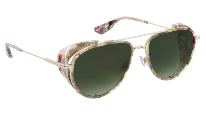 Aviator Krewe sunglasses with colorful frame and green lenses on a white background