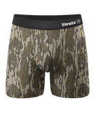 Camouflage-patterned boxer briefs with black waistband on a white background