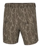 A pair of camouflage shorts with a bark-like tree trunk pattern in shades of brown, beige, and gray. The shorts feature an elastic waistband and subtle embroidered logos on the left thigh and right hip.
