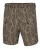 A pair of camouflage shorts with a bark-like tree trunk pattern in shades of brown, beige, and gray. The shorts feature an elastic waistband and subtle embroidered logos on the left thigh and right hip.