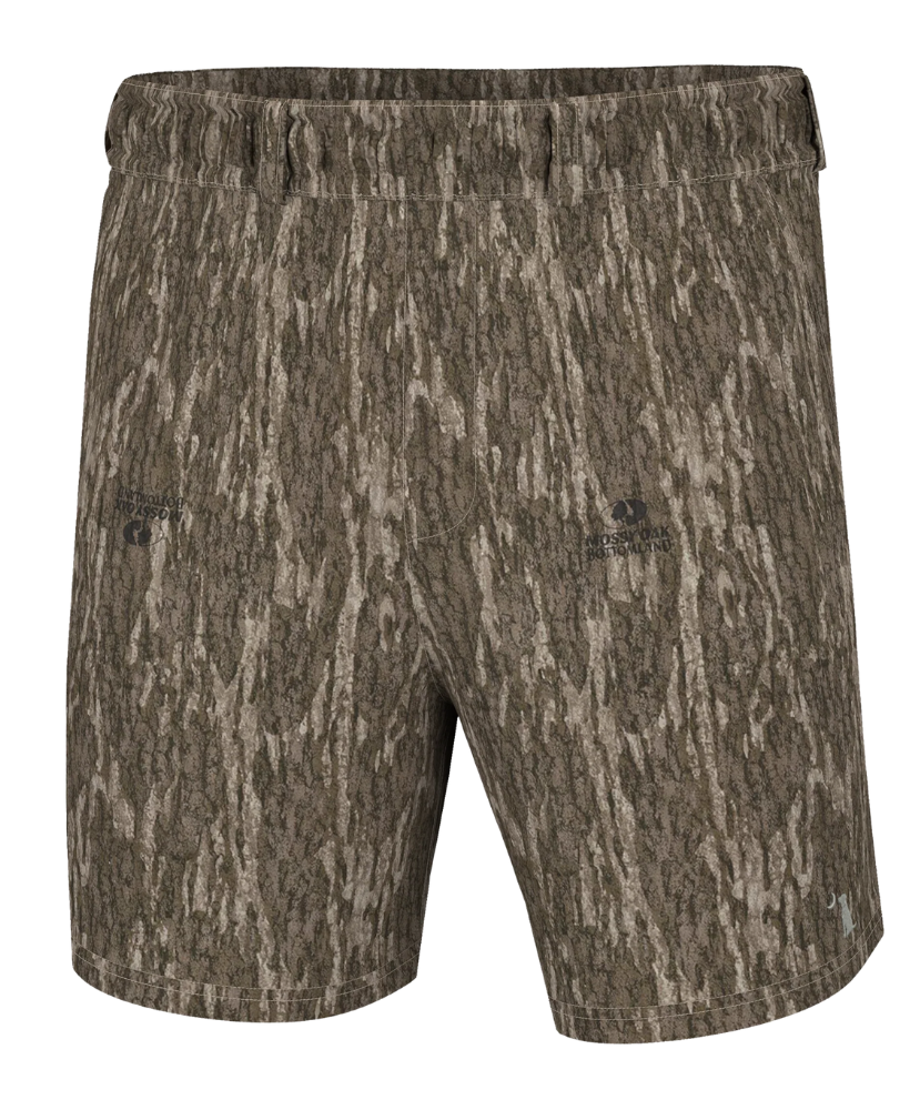 A pair of camouflage shorts with a bark-like tree trunk pattern in shades of brown, beige, and gray. The shorts feature an elastic waistband and subtle embroidered logos on the left thigh and right hip.