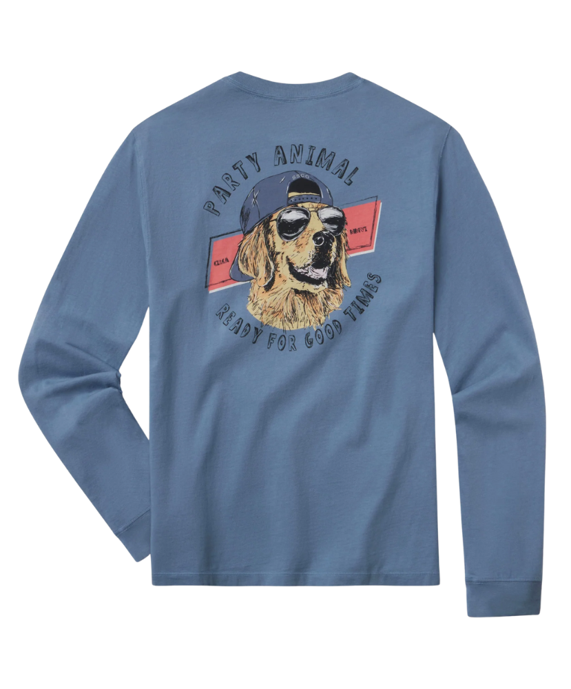 Blue long-sleeve shirt with a dog graphic and text on a white background