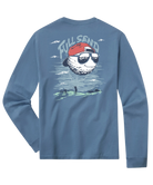 Blue long-sleeve shirt with a graphic of a golf ball wearing a red cap and sunglasses, and the text 'Full Send' on the back.