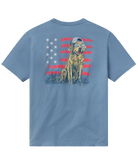 Blue t-shirt with a graphic of a dog and American flag design on the back, on a white background.