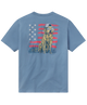 Blue t-shirt with a graphic of a dog and American flag design on the back, on a white background.
