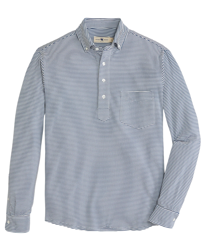 Navy and white seersucker striped Onward Reserve Drift shirt on a white background