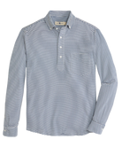 Navy and white seersucker striped Onward Reserve Drift shirt on a white background