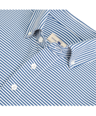 Navy and white seersucker striped Onward Reserve Drift shirt on a white background