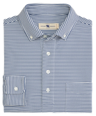 Navy and white seersucker striped Onward Reserve Drift shirt on a white background