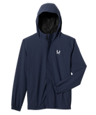 Navy blue HUK raincoat with a brand logo on a white background
