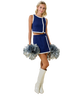 Person in a blue cheerleading outfit with pom-poms on a white background