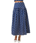 Navy blue skirt with white polka dots on a white background